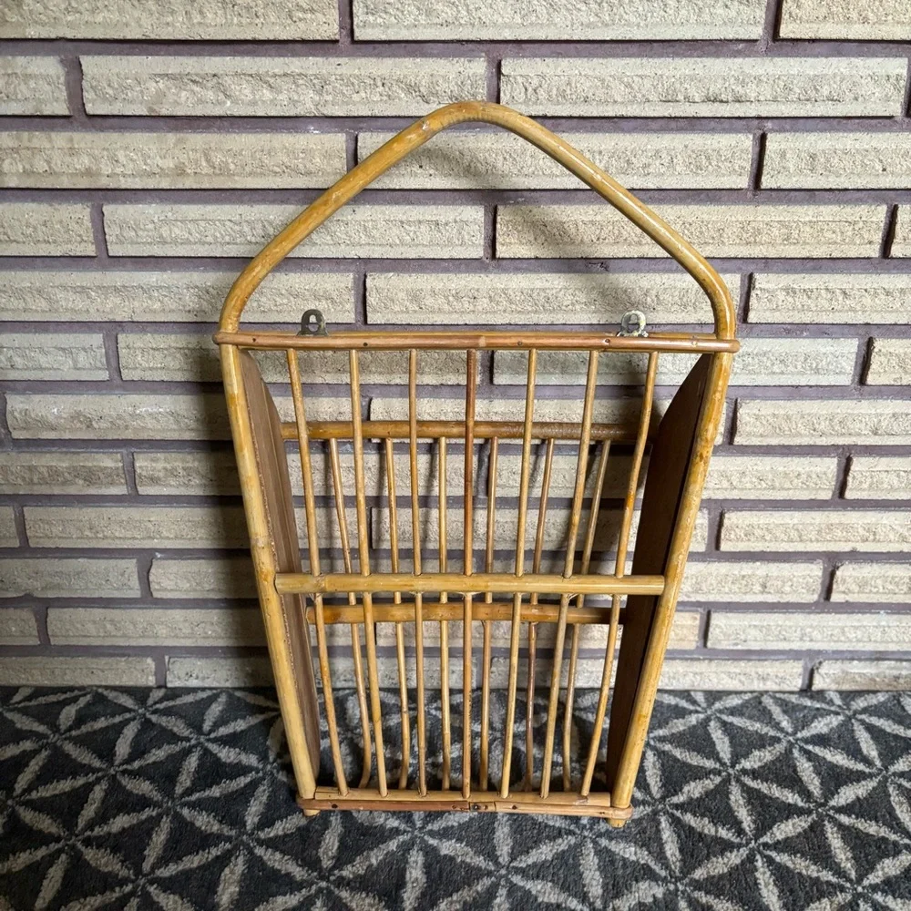 70's Wall Mount Wicker Magazine Rack - Wicker Rack - Rattan Magazine Holder - Picture 3 of 14